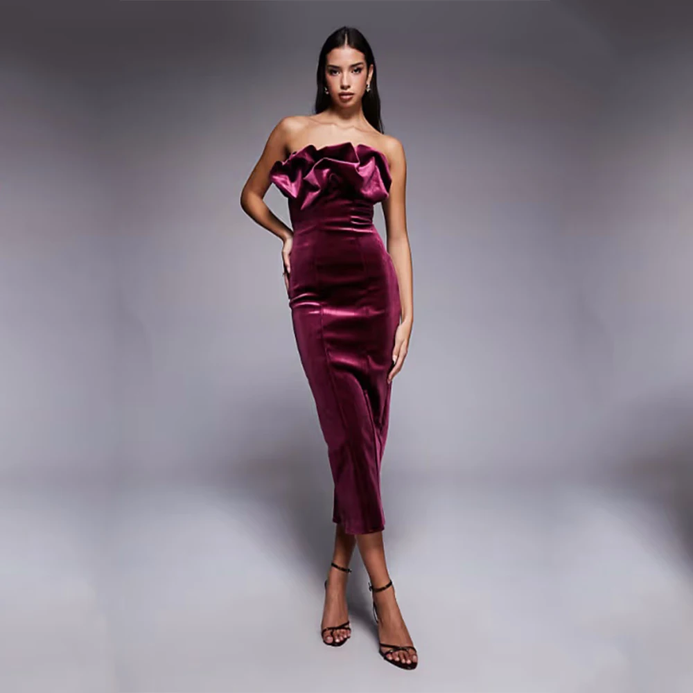 Dream Purple Classic Evening Dresses Velour for Mid-calf Strapless Flouncing Prom Dress Mermaid Vestidos De Fiesta Customized