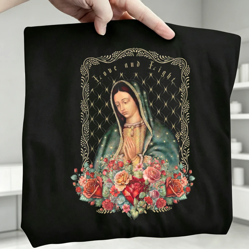 Our Lady Of Guadalupe Vintage Rose Floral Women Cotton Tshirt Catholic Virgin Mary Faith Black Religious Devotion Shirts