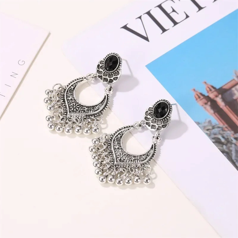 Metal Vintage Tassel Earrings Fashion Jewelry 2024 Indian Boho Carved Ancient Silver Color Drop Earrings for Women Oorbellen