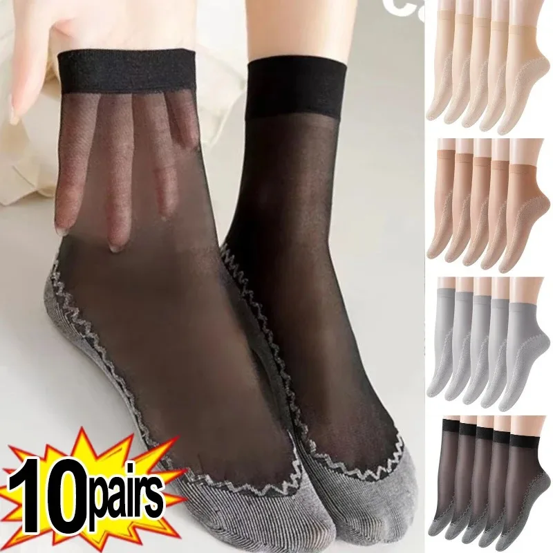 1/10 pares de seda veludo tornozelo curto sox meias de renda elástica feminino transparente ultrafino malha antiderrapante inferior splice meia