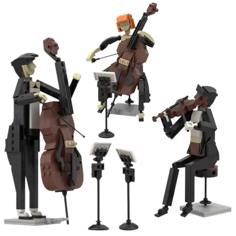 MOC 창의적인 도시 밴드 바이올린 첼로 트럼펫 더블 베이스 재즈 연주 장면 음악 피아니스트 피규어 블록 모델 어린이 장난감 선물