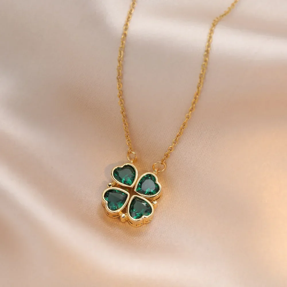 Stainless Steel Chain Classic Colorful Zircon Clover Pendant Necklace for Women Lady Vintage Elegant Jewelry Party Accessories