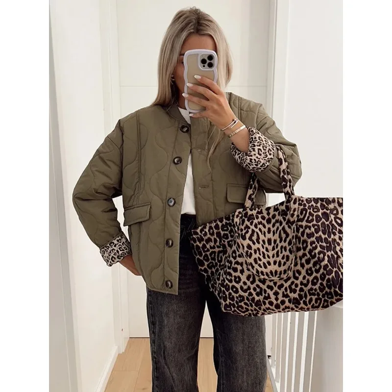 

Leopard Flip Pockets Single Breasted Jackets Women Fashion Autumn Clothing Loose Thicken Coat High Street Outerwear Female