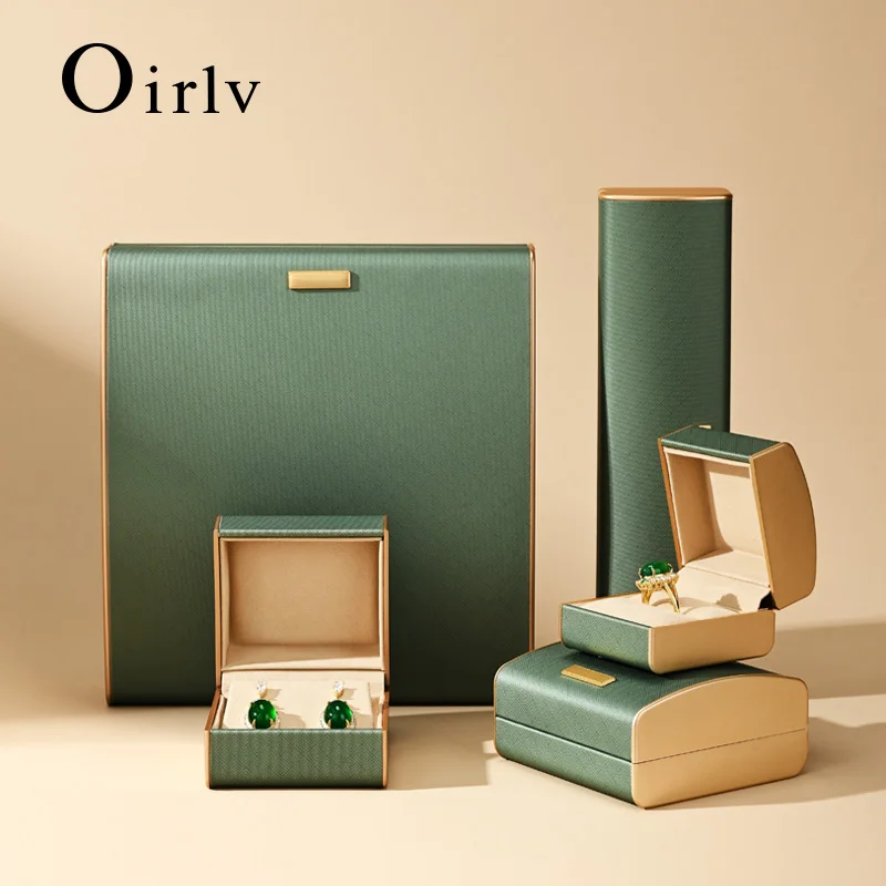 Oirlv, caja de regalo de joyería verde Premium, caja de anillo de boda, anillo de cuero PU, pendiente, collar, brazalete colgante, pulsera, caja de conjunto de joyería