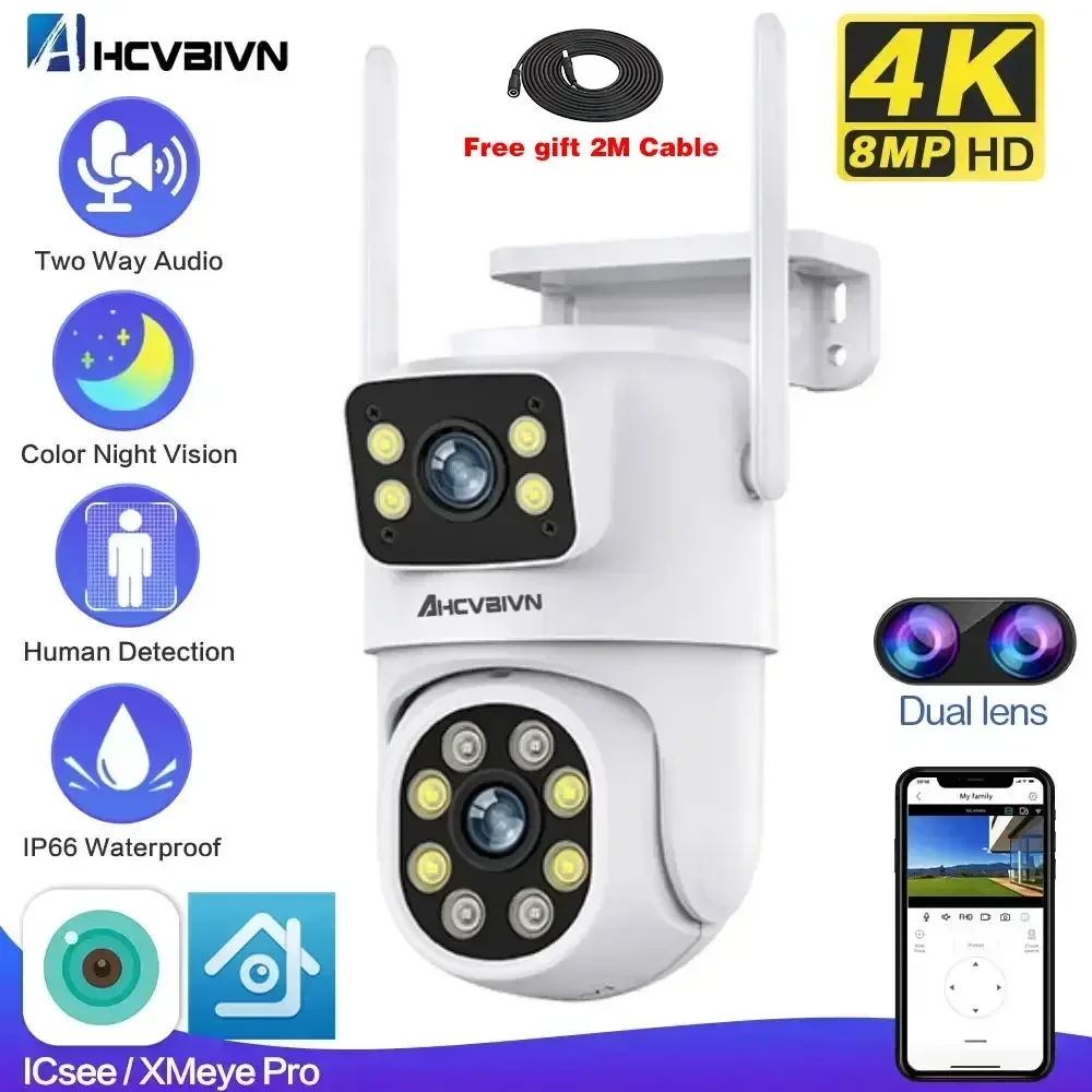 Outdoor 4K Dual Lens Wifi IP Security Camera with Auto Tracking Wireless PTZ CCTV Surveillance and 8MP Color Night Vision IP Cam