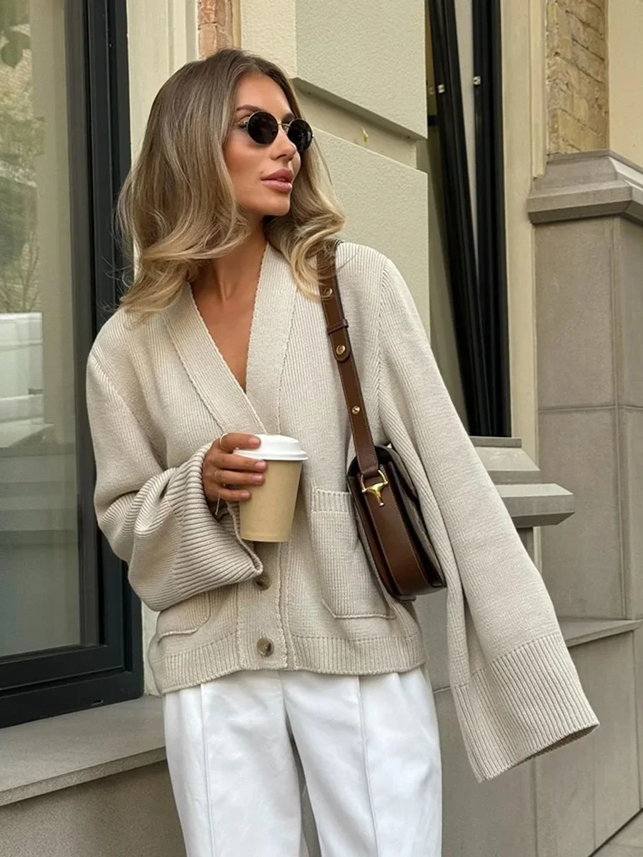 Wolfeel Autumn Winter Fashion Women's New V - Neck Knit Cardigan Loose Fit Long Sleeve Soft Trendy Button Up Pockets Jumpers