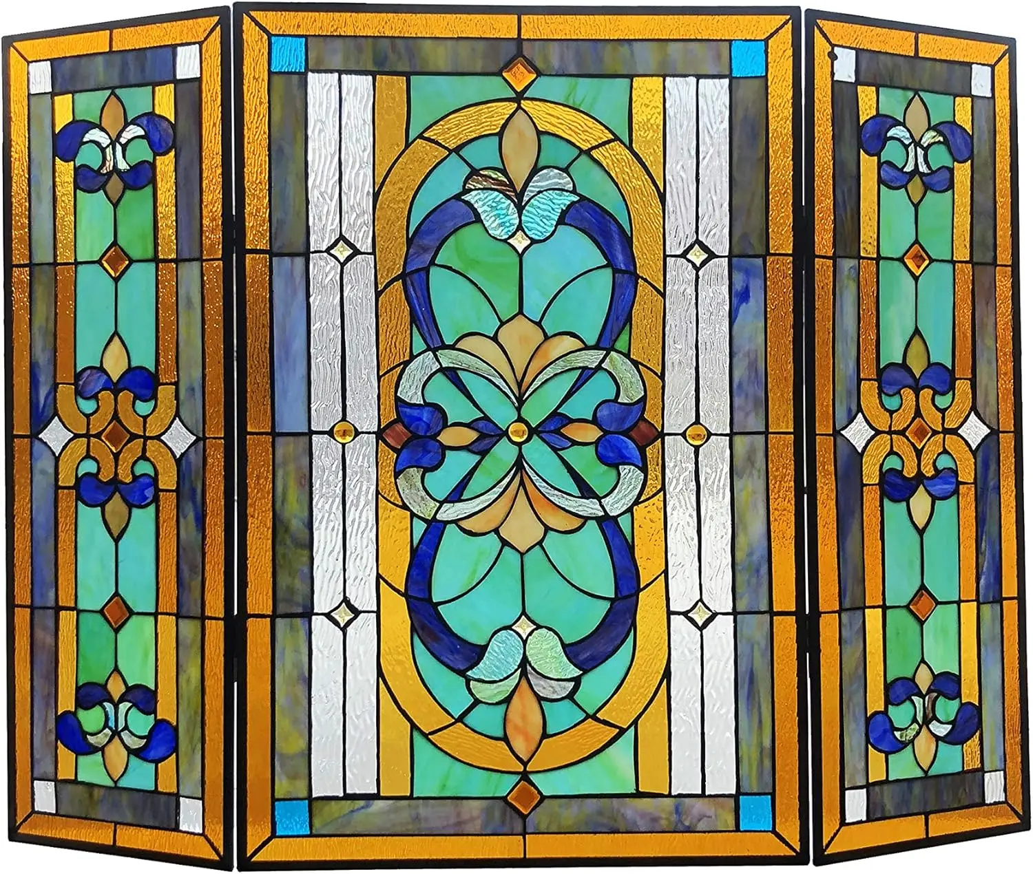 Tiffany-Style 3pcs Folding Victorian Stained Glass Fireplace Screen 40 Width