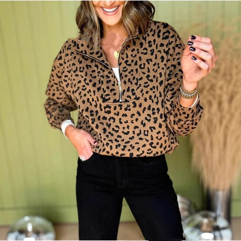 

Autumn and Winter New Casual All Match Hoodie Leopard Print Long Sleeved V-neck Zipper Fashion Casual Vintage Top