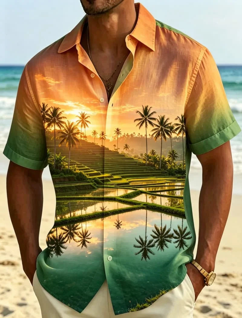 Men's Tropical Island Landscape Printed Hawaiian Shirt, Breathable Casual Top,suitable For Summer Vacation Daily Style