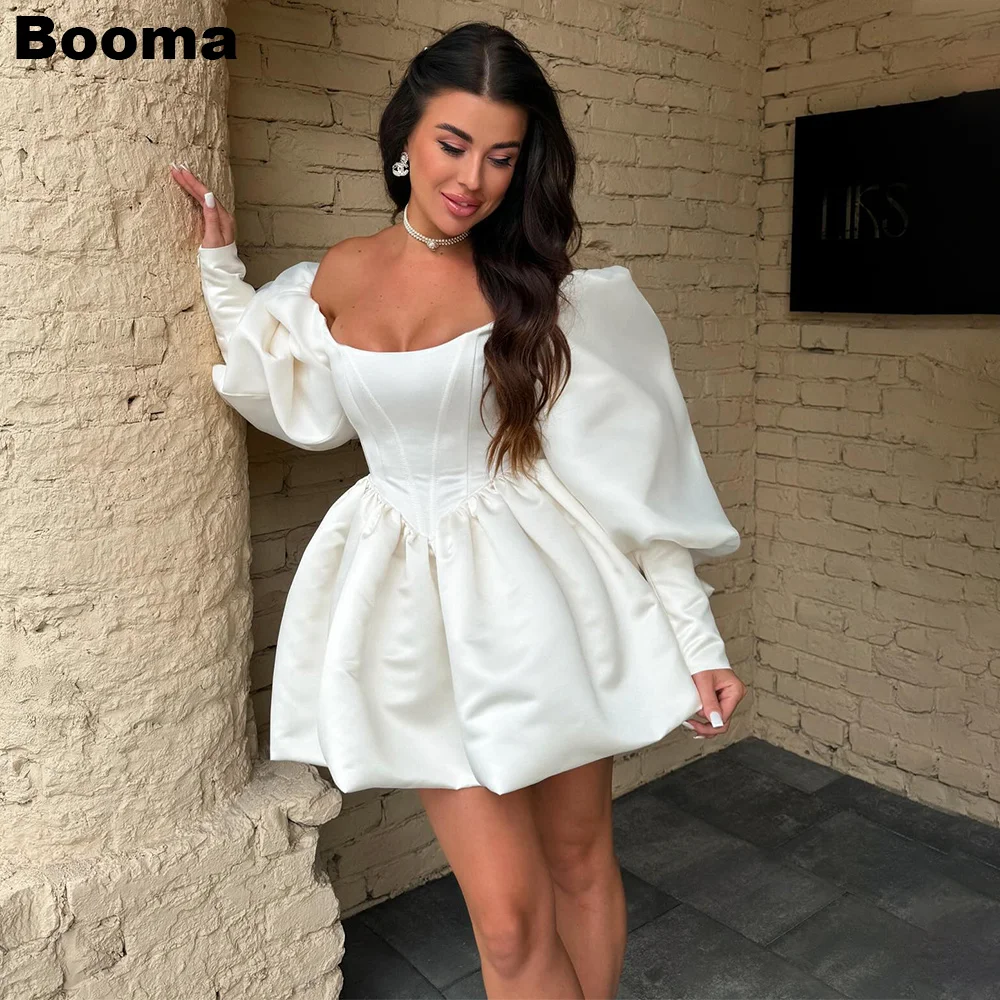 

Booma A-Line Short Brides Party Dresses for Women Long Puff Sleeves Ruched Satin Wedding Party Dress Prom Cocktail Gowns