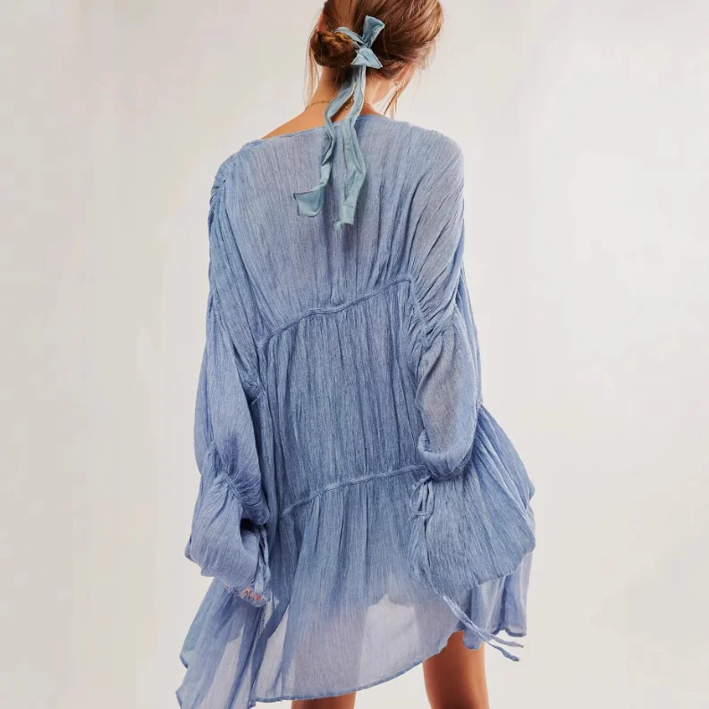 

Women's Pleated Patchwork Long Swedi irt Beach Cardigan Loose Fit Lantern Sve Polyester Spring Mid-Length Coat