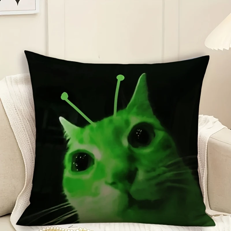 1 funda de almohada con diseño de gato alienígena, funda de cojín de poliéster con estampado 2D de doble cara, funda de almohada divertida con diseño de gato espacial verde, funda de almohada original.