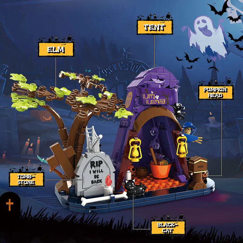 MOC اللبنات هالوين منزل مسكون أطقم منمذجة سقف الميل الحلي الطوب الإبداعي تجميعها لغز لتقوم بها بنفسك لعبة الأطفال هدية