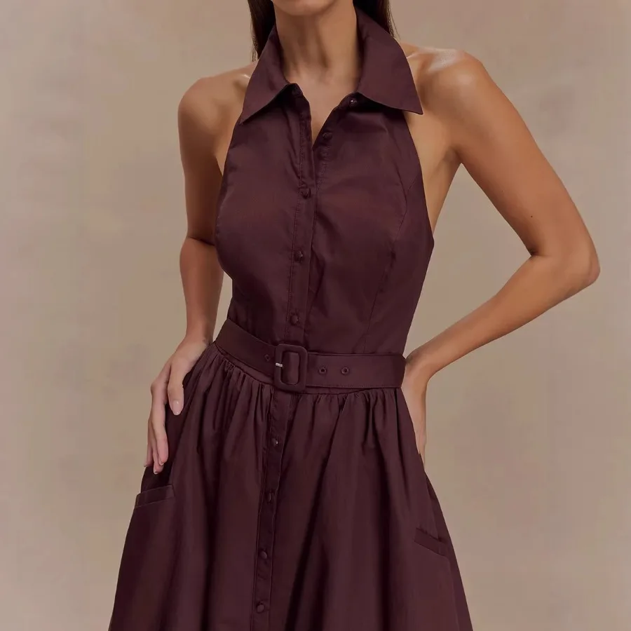 

【New style】Dress 2026 spring and summer new style temperament commuting lapel strapless and backless long hanging neck dress