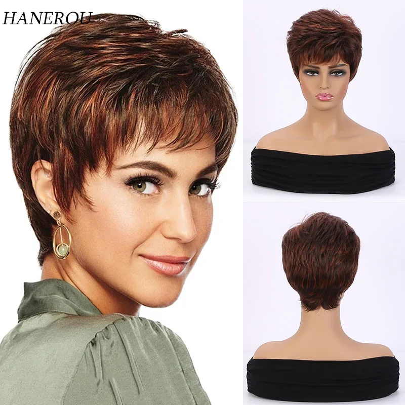 Women\'s Fashion Short Synthetic Wigs Pixie Cut Brown Ombre Hair Costume Party Wigs for Woman Fluffy Natural Curly Wavy Wig