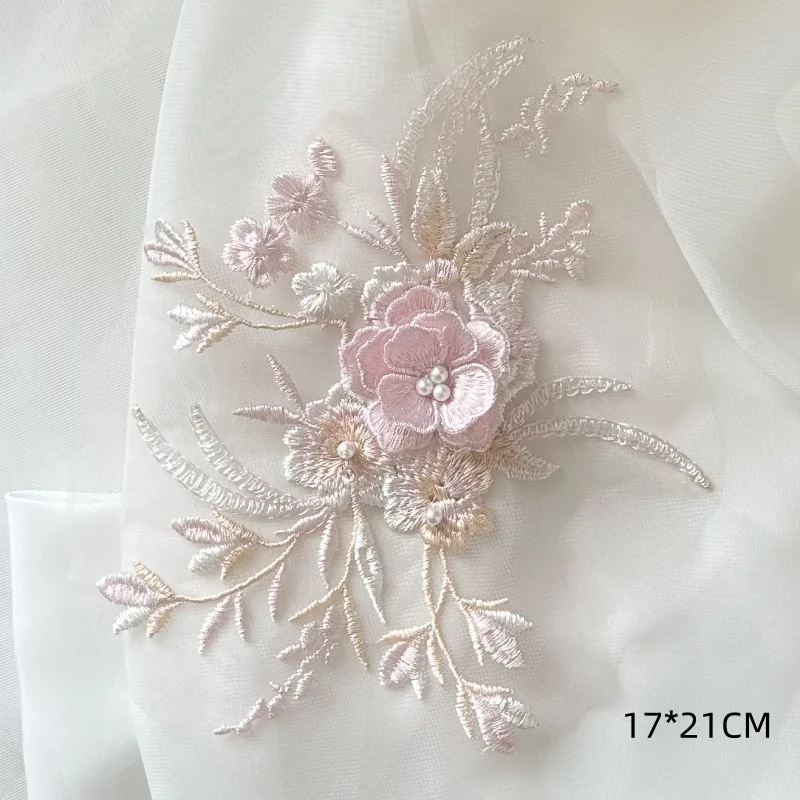 1Pcs Pink Lace Patch Mesh Net Embroidery Fabric Beaded 3d Flower Applique Sew Wedding Evening Baby Dress Clothing Accessory Diy