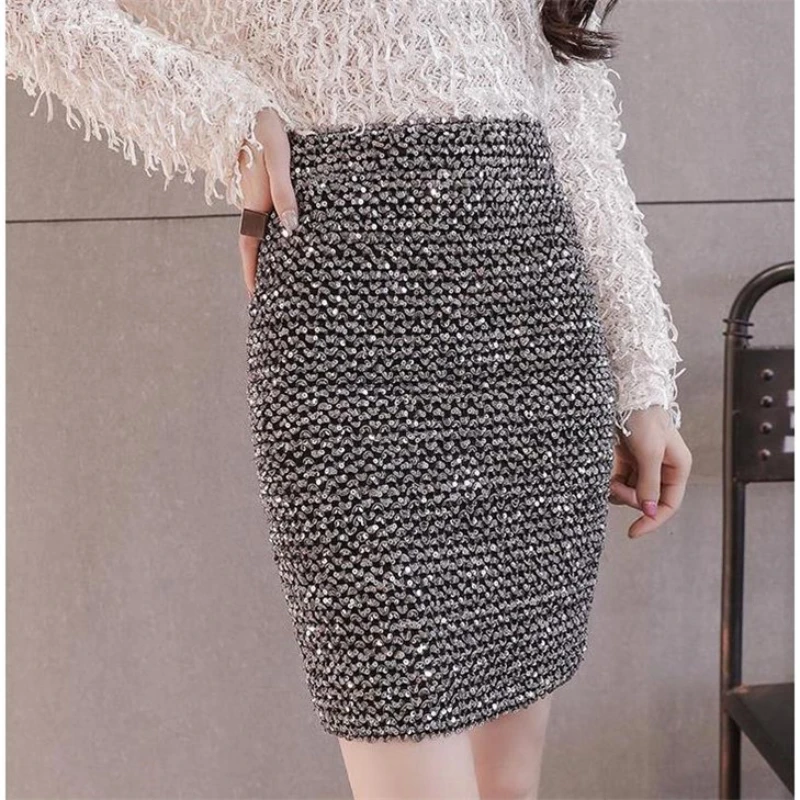 

Summer Spring Fashion Women Glitters Golden Sliver Black Elastic High Waisted Pencil Skirt , Female Woman Sequins Skinny Skirts
