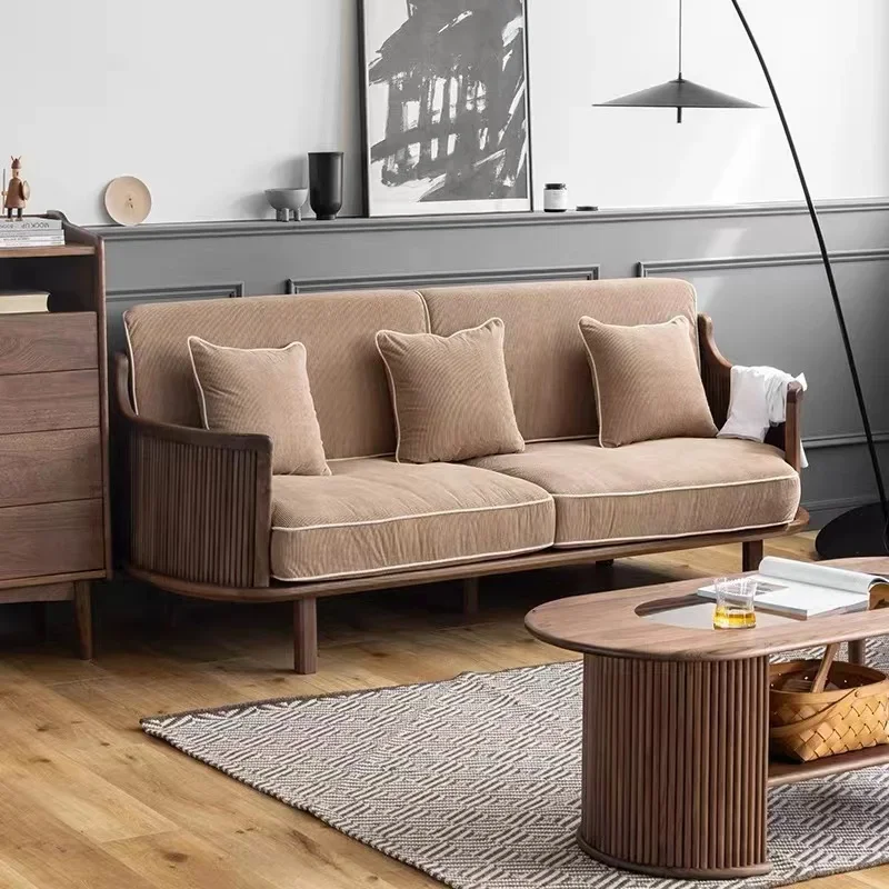 Nordic solid wood, black walnut, simple mortise and tenon, small living room, single, three-person detachable cloth sofa