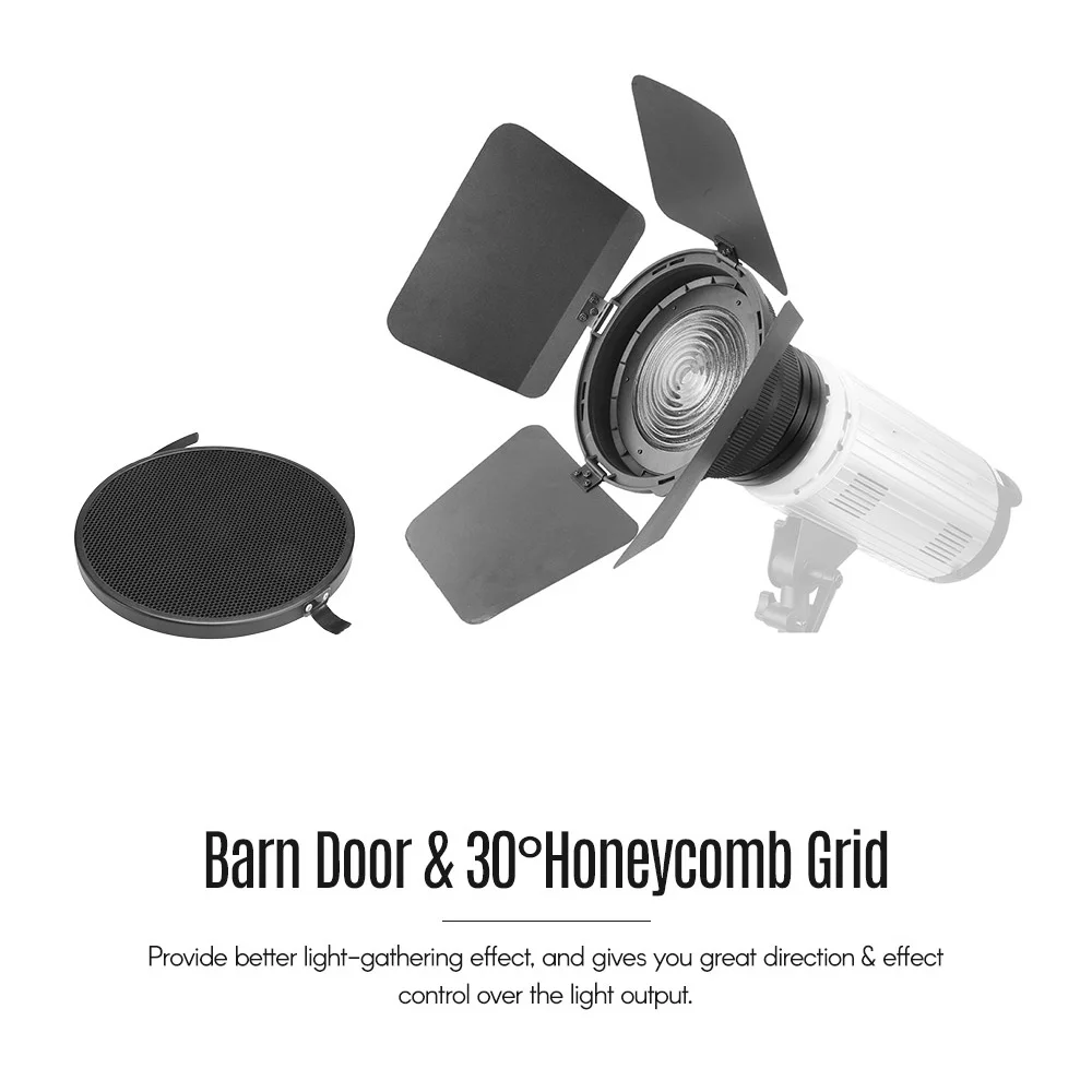 

FD-110 Fresnel Mount Light Focusing Adapter with Lights Honeycomb Grids Barn Doors for Bowens Mount LED Video Light for Aputure