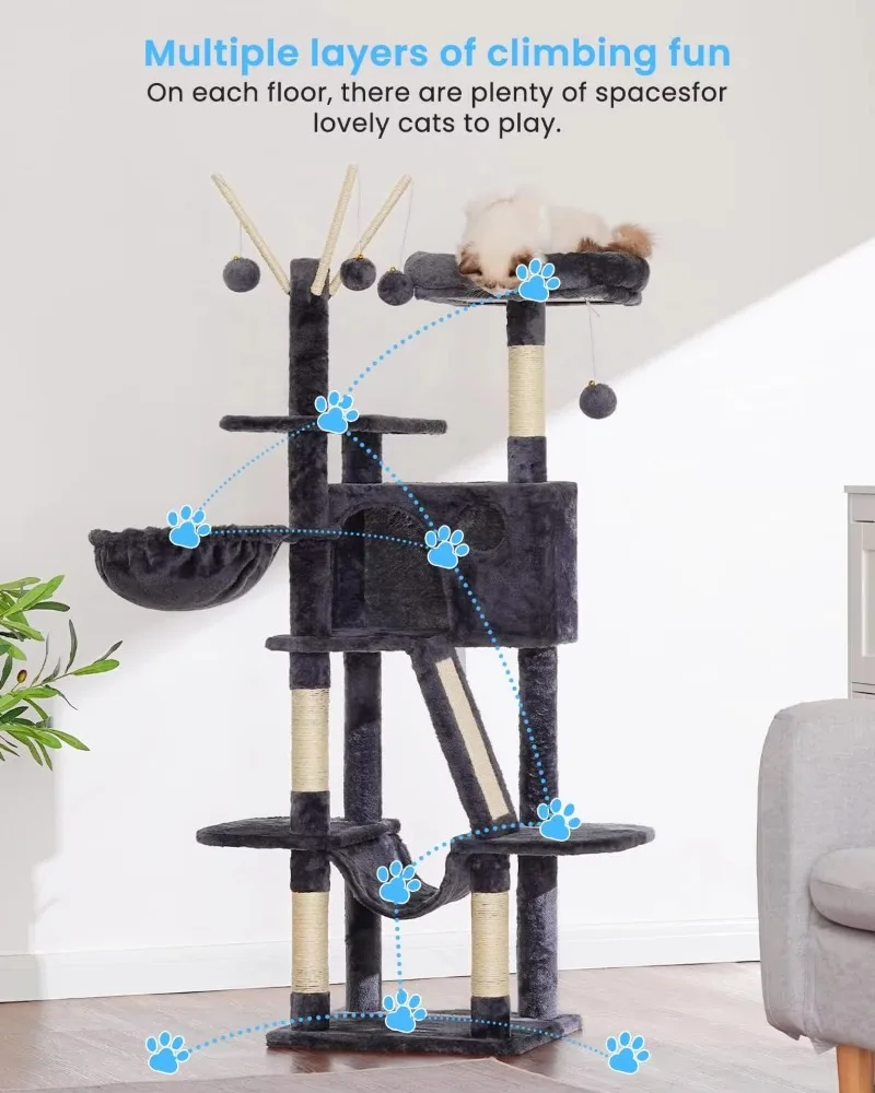 Cat Tree 53 Inch Cat Tower Indoor Cat House Padded Platform Bed Ball Large Comfort Apartment Hammock Hemp Scratch Post 5