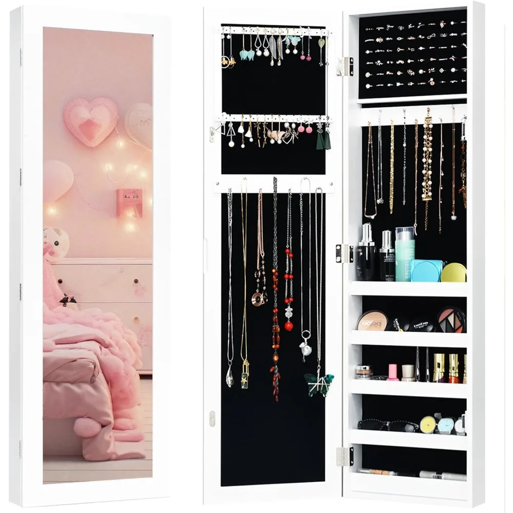 

Wall Door Mounted Jewelry Armoire Cabinet with Full-length Mirror, Large Storage Mirrored Jewelry Cabinet Organizer