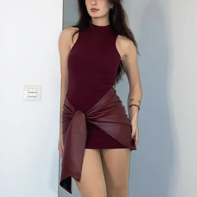 

Поп сексуальное термоусадочное мини-платье женское модное кожаное бандажное лоскутное тонкое платье без рукавов винтажное Y2k вечерние клубные мини-платья