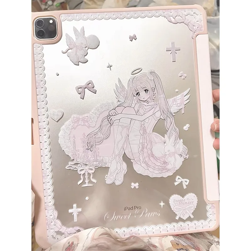 Sweet claw original angel cute ipad case, texture acrylic material, anti-fall three-fold protective case, with pen slot