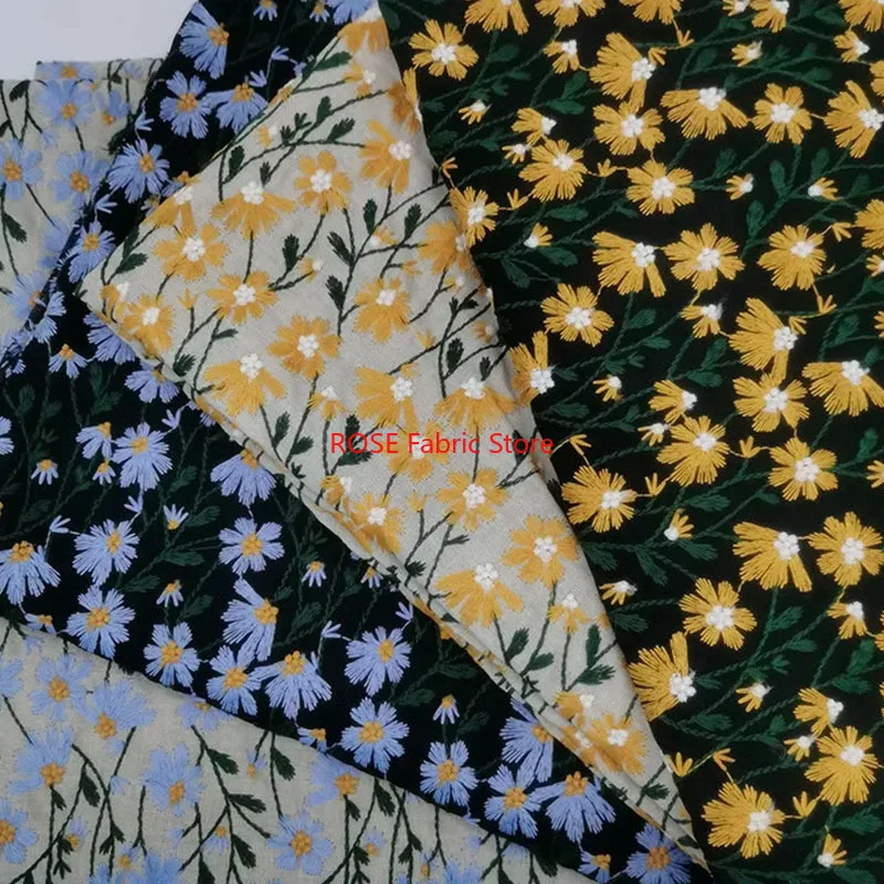 

7 Colors Daisy Flower Embroidered Cotton Ramie Fabric Material DIY Handmade Clothes Tablecloth Bag Accessories fabric