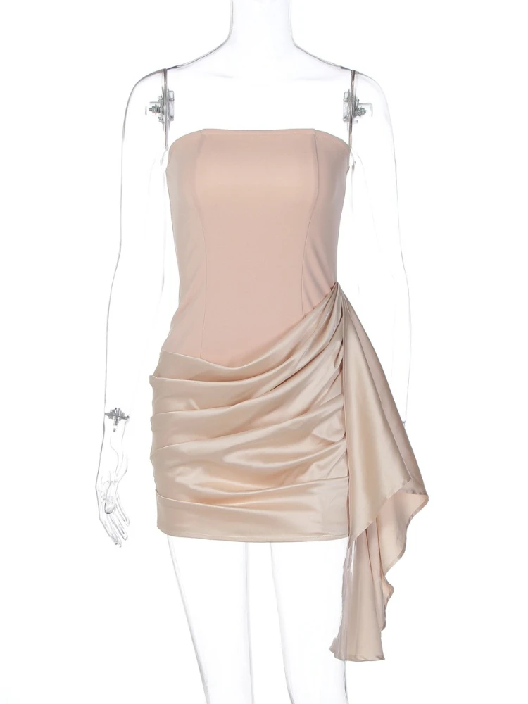 Fdyoui elegante sem alças cetim retalhos ruched vestido de noite feminino sexy sem mangas sem costas bandagem curto festa clube vestidos