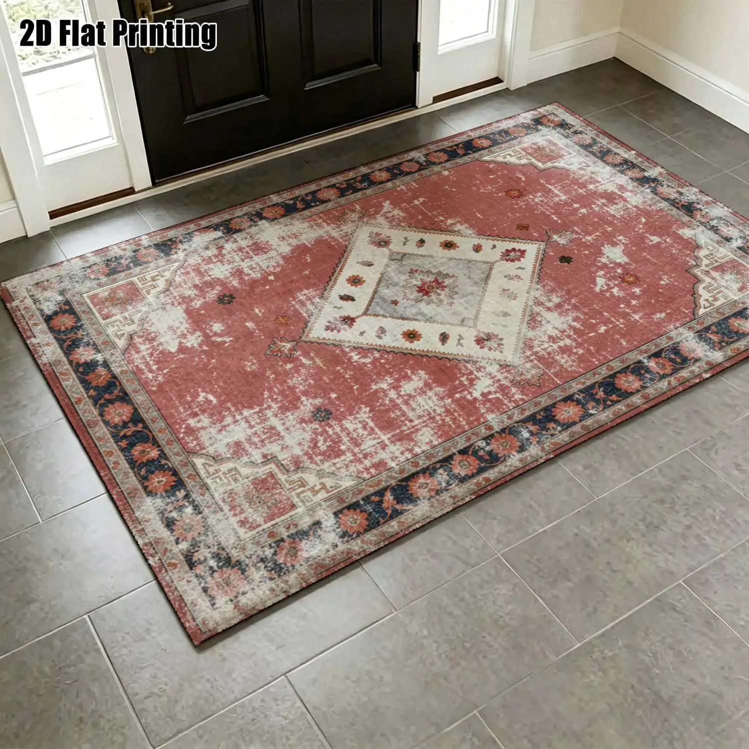 1Pc 2D Printed Carpet: Dark Green Retro Scroll & Floral Pattern, European Style, Machine Washable, Multi-Scene Home Decor, Multiple Sizes