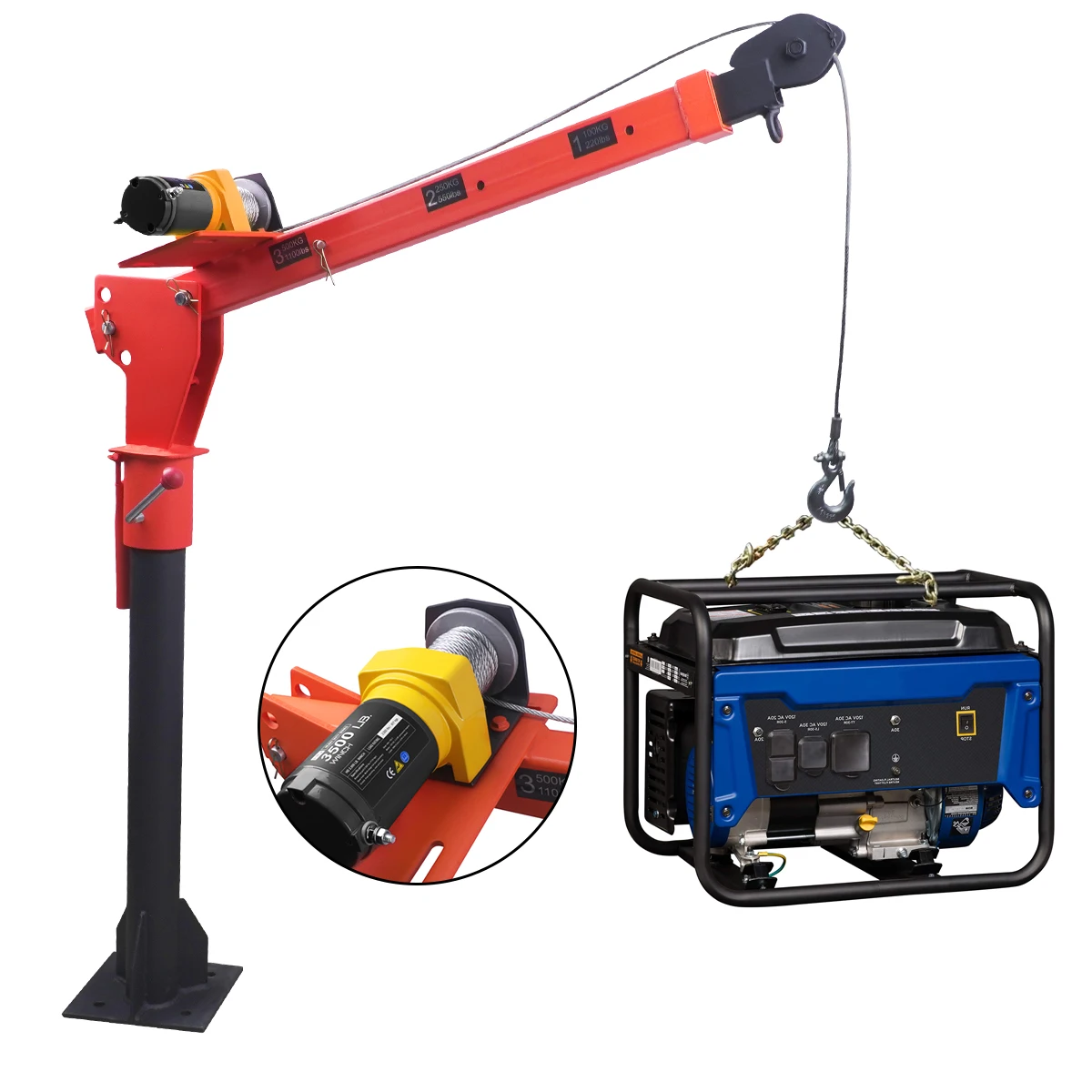 RUGCEL WINCH Nuova gru pieghevole montata su camion da 1100 libbre, con verricello elettrico 3500 libbre 12V, gru per camioncino in acciaio verniciato 360