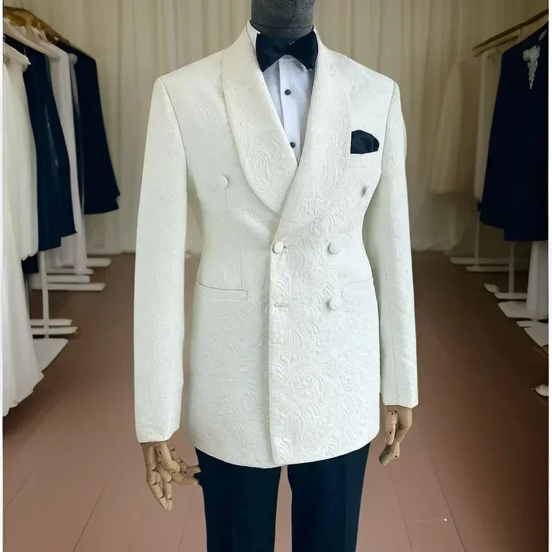 Floral Wedding Suits For Men Double Breasted Groom Tuxedo 2 Pcs Custom Fashion Slim Fit Jacket Pants (Blazer + Trousers)