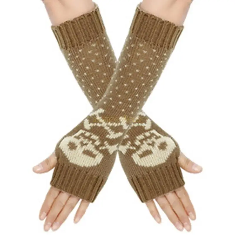 31BF Knit Skull Pattern Gloves Winter Half Finger Mitten Thicken ให้ถุงมือข้อมือยาวยาวสำหรับแฟนสาว
