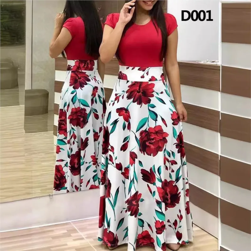 2024 Summer Women's Maxi Dress New Flower Floral Patchwork Print Elegant Round Neck Short Sleeve Comfortable Large Dresses Robe