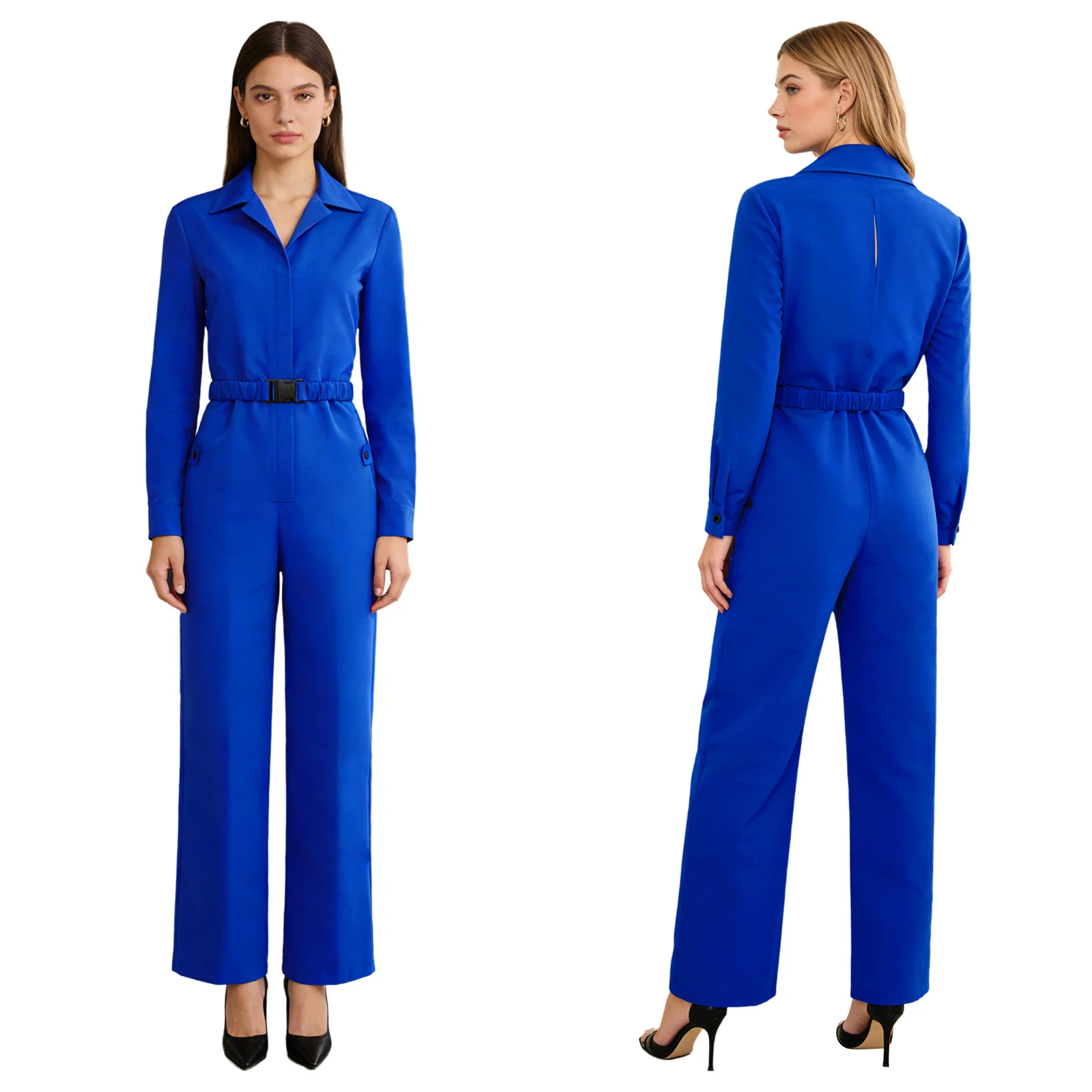

Women Long Sleeve Coveralls with Waist Belt Lapel V Neck Zipper Back Cutout Wide Leg Pants One Piece Rompers Overalls Jumpsuit