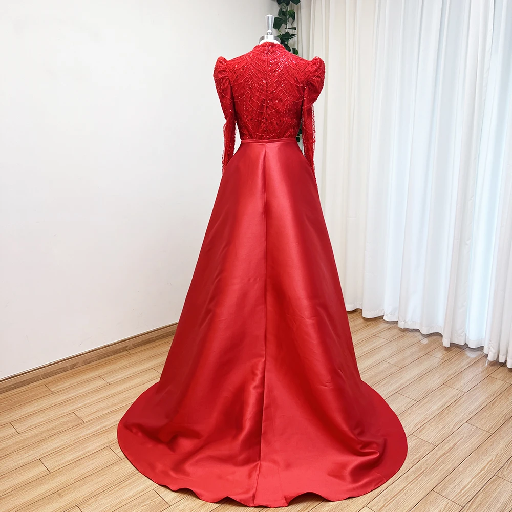 فستان سهرة أنيق لؤلؤ إسلامي للنساء مع ذيل قابل للانفصال 2025 بأكمام طويلة فستان رسمي لحفلات الزفاف حسب الطلب #4