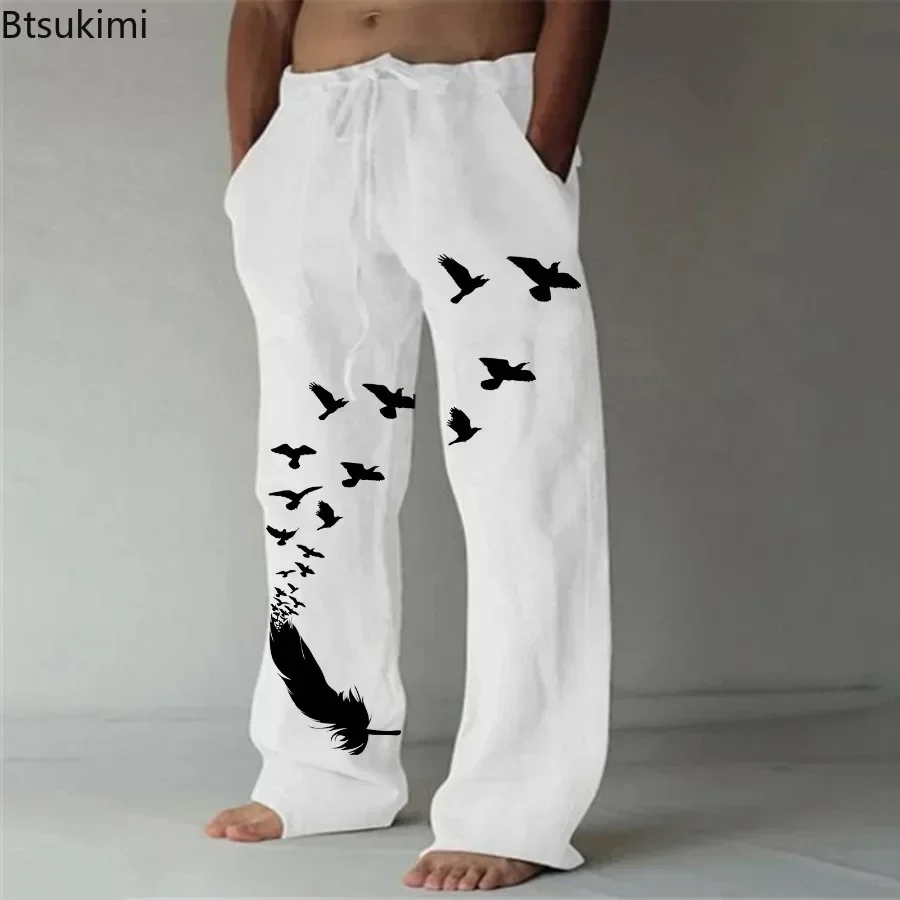 2024 Men's Casual Pants Pocket Design Linen Pants Drawstring Loose Trouser Plus Size Mens Fashion Birds Feather Print Sweatpants