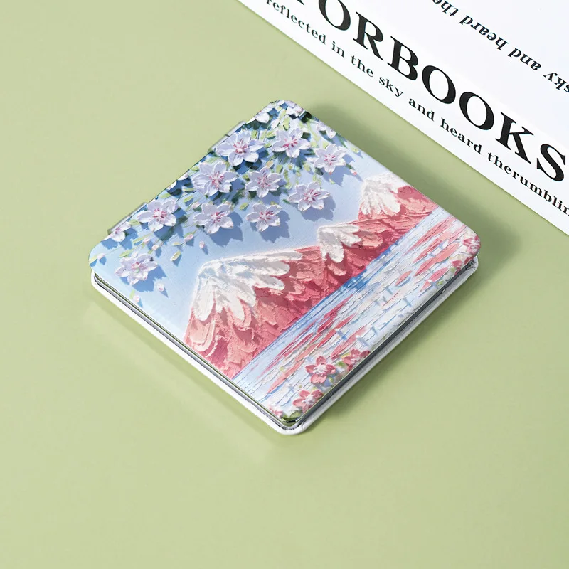 ポータブル両面折りたたみ化粧鏡チューリップスクエア拡大鏡ポケットコンパクトバニティハンドヘルドミラー学生ミラー