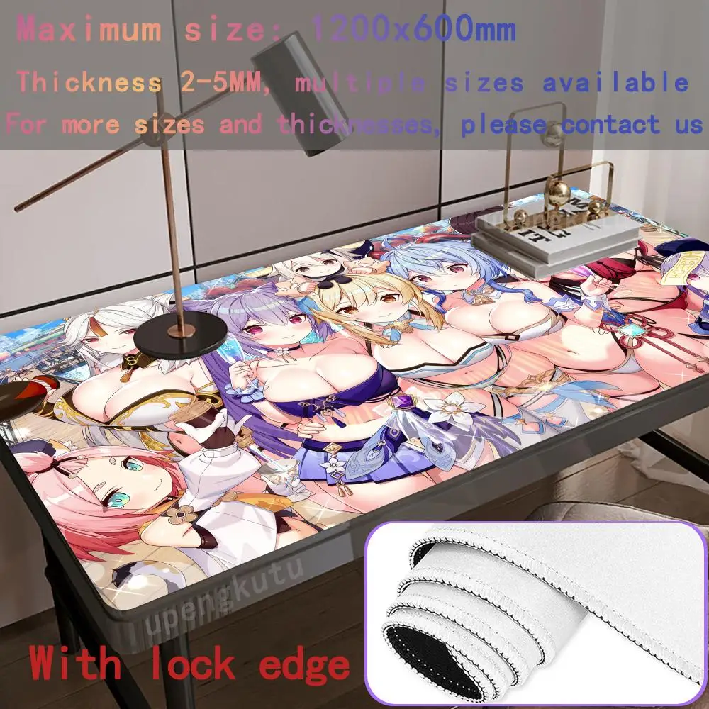 

Сексуальный коврик для мыши Genshin Impact Bikini с героями мультфильмов, большая игра, популярный компьютерный коврик, нескользящий резиновый коврик с блокировкой краев, напольные коврики XXL1200x600