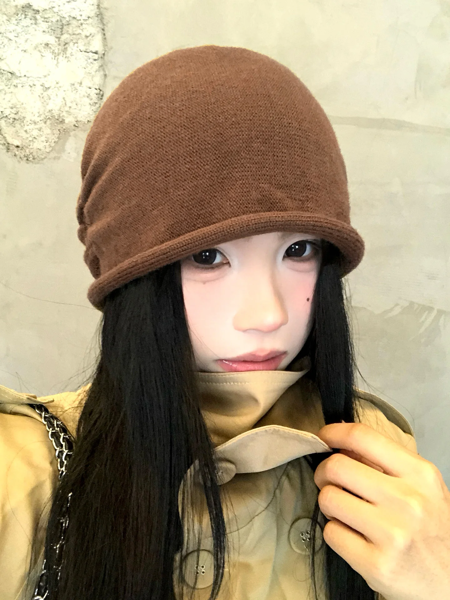Retro Folded Cuffed Knitted Beanie Women's Large Head Cold Cap Fashionable Casual Lazy Style Overhead Hats Autumn Season