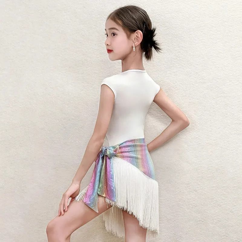 

Children Girls Latin Dancewear Practice Bodysuit and Laser Gradient Tassel Hip Towel Skirt Rumba Dance Competition Costume