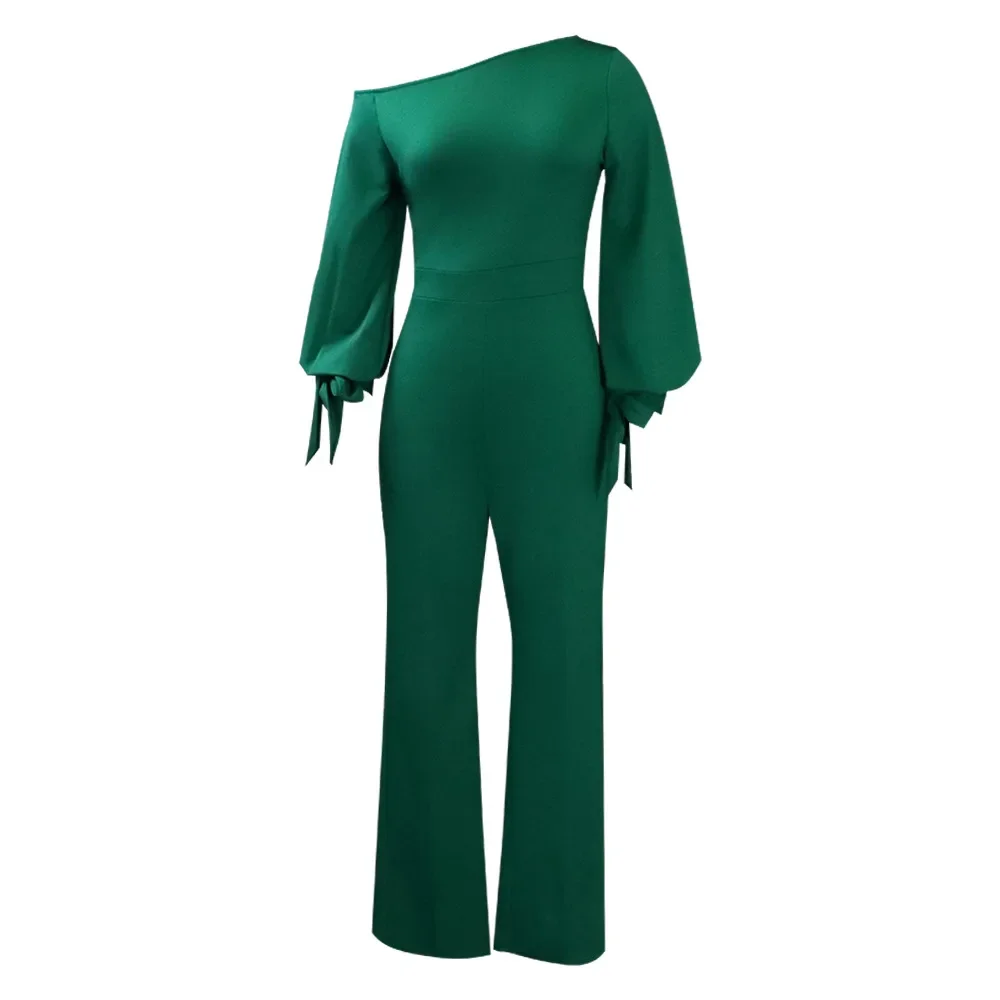 Women Jumpsuit Solid Off Shoulder High Waist Long Lantern Sleeves Office Ladies Elegant Female African Fashion XXL New