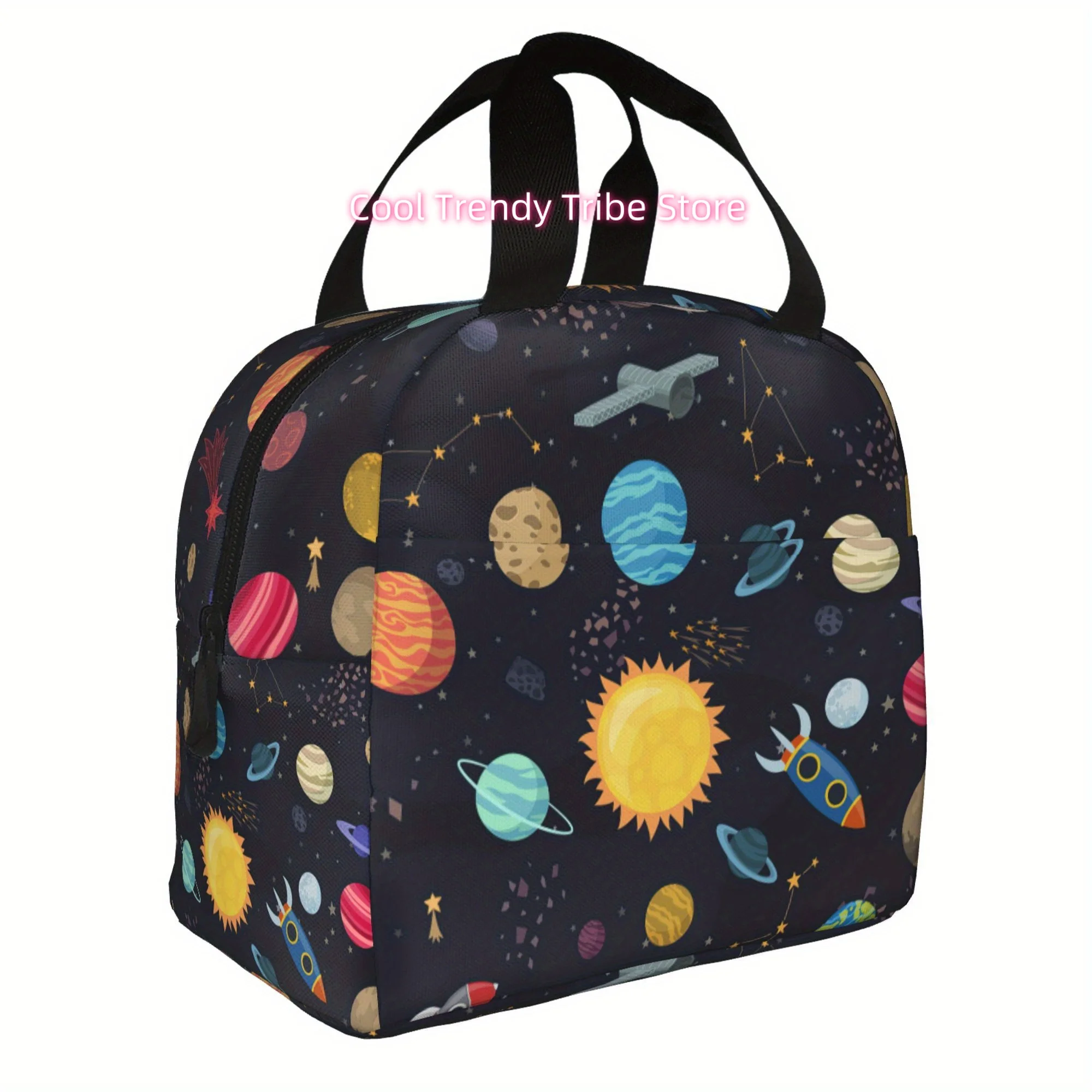 Reusable Space-Themed Insulated Lunch Bag - Portable Cooler Bag with Planets, Stars & Rocket Design - Perfect for Camping, Picni