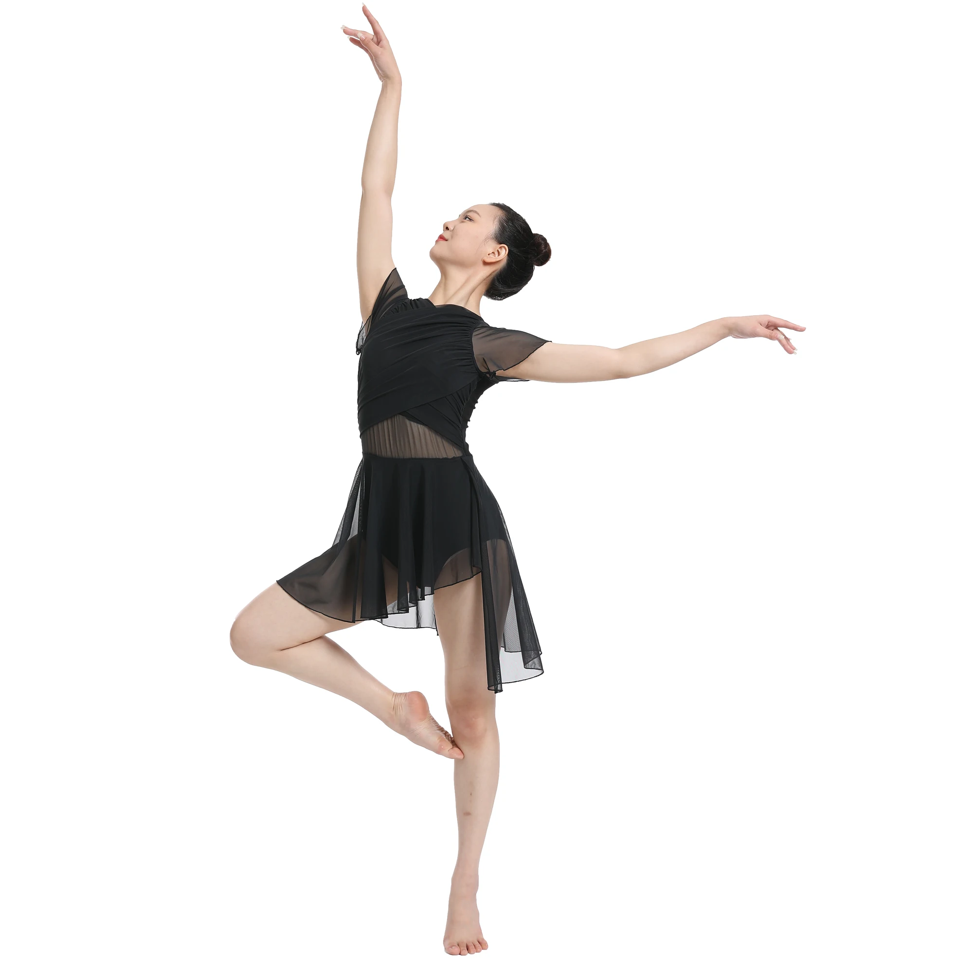 فستان رقص نسائي غنائي حديث بأكمام مرفرفة شبكي متجنب زي رقص معاصر، قطرة ماء مجوفة من الخلف #6