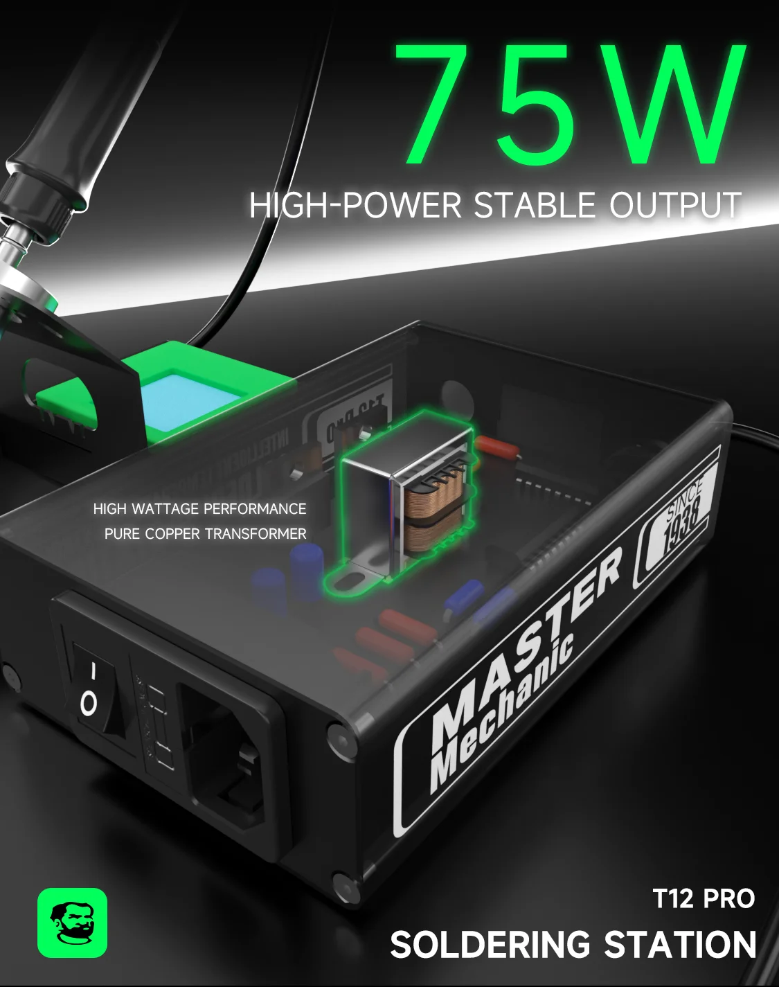 MECHANIC T12 PRO 75W Stasiun Penyolderan Kontrol Suhu Portabel dengan Transformator Tembaga Murni untuk Alat Perbaikan PCB Ponsel