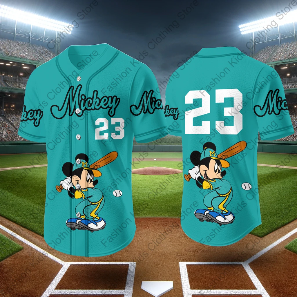 MINISO 2024 New Baseball Jersey Cute Mickey Mouse Print Kids Adults Fashion Cartoon Buttons Baseball Uniform Kids Tops Clothing