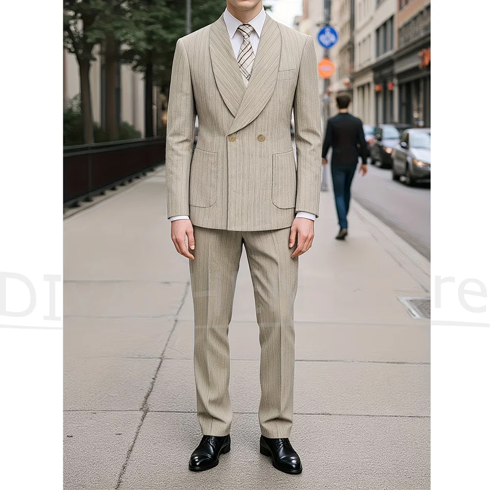 

Men Herringbone Striped Suit 2 Piece Shawl Lapel Double Breasted Blazer And Pants Formal Wedding Business Office Banquet Tuxedo