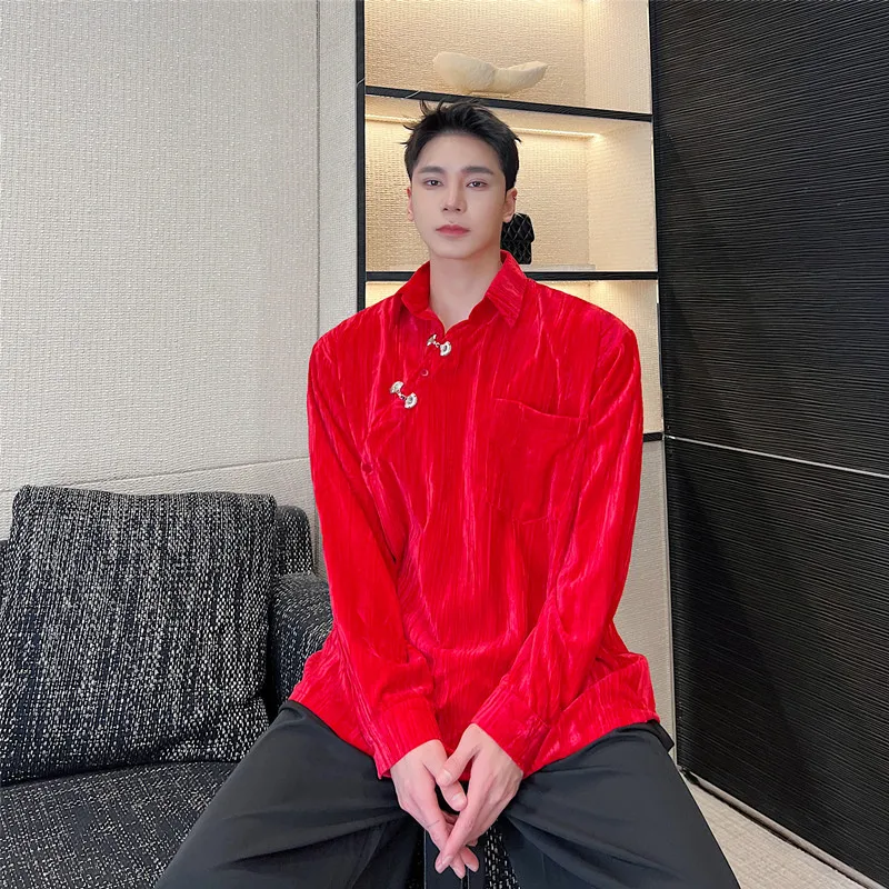 

Red Velvet Shirt for Men Wedding Ceremony Button up Chinese Hanfu Tang Suit Top Loose Fit Long Sleeve Youth Fashion Polyester...