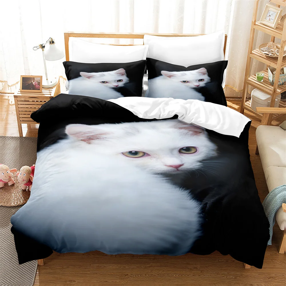 

White Cat 3D Digital Bedding Set,Duvet Cover + Pillowcase,Popular Style 2/3 pcs.(No padding No sheet) queen bedding set