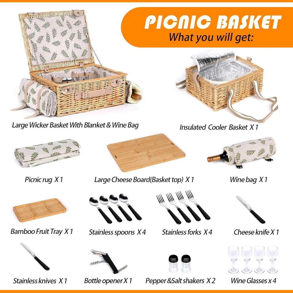 Dual Wicker Picnic Basket Set with Blanket Charcuterie Boards for 2/4/6